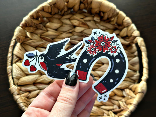 Tattoo Sticker Set, Traditional Sailor Tattoo Inspired, Swallow, Floral Horseshoe, Flash Sheet