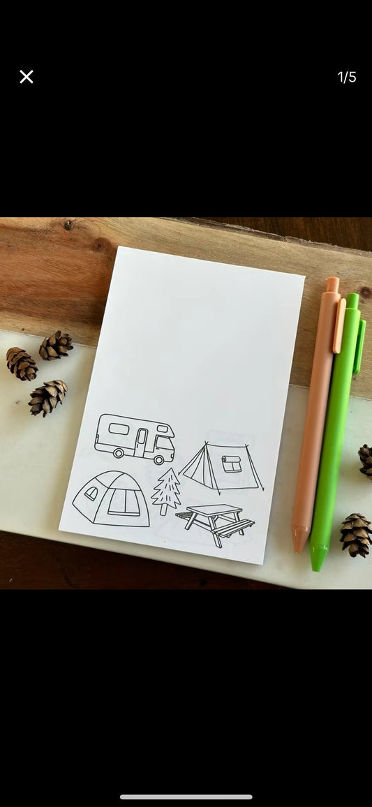 Camping Themed Notepad, Doodle Notes, Adult Coloring Pages, Desk Accessories, ADHD Tool, Nature Lover Gift
